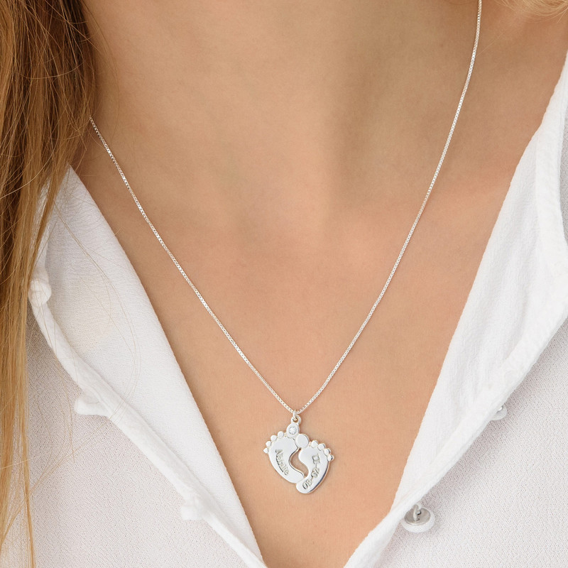 Personalized Baby Feet Necklace in  Sterling Silver  with Diamonds - 2