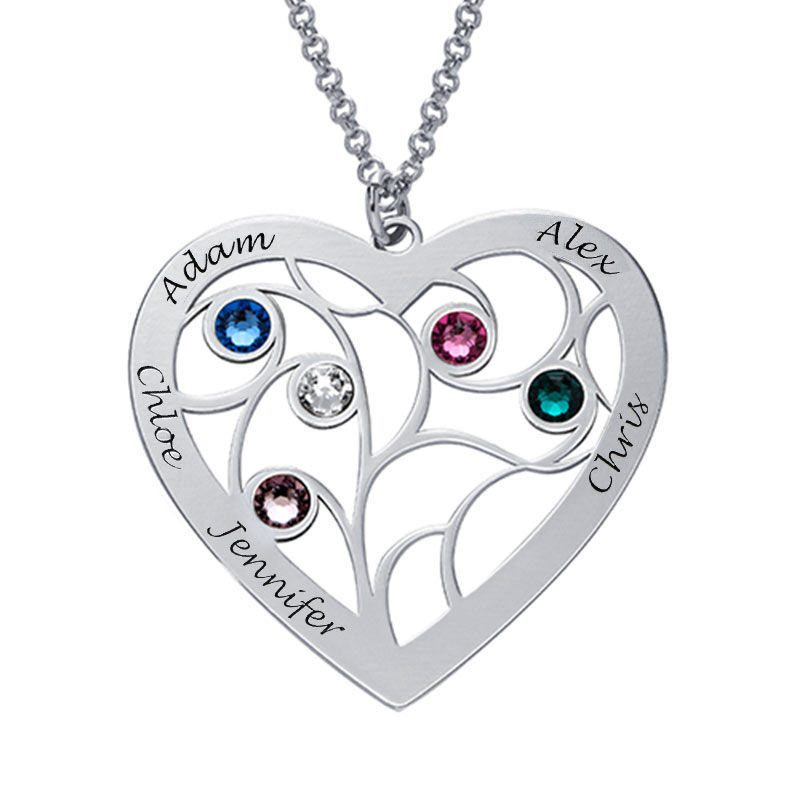 Engraved Heart Family Tree Necklace in Sterling Silver
