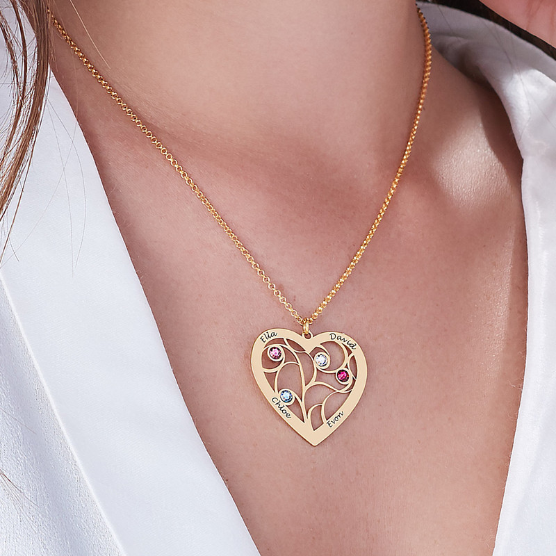 Engraved Heart Family Tree Necklace in Gold Plating - 3