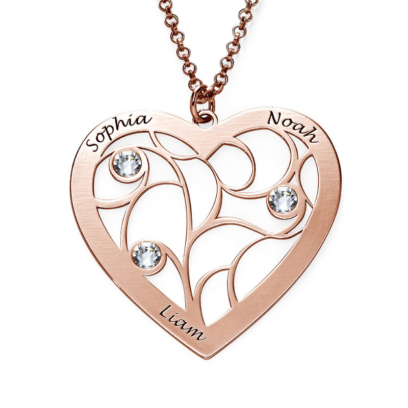Engraved Heart Family Tree Necklace in Rose Gold Plating - 1