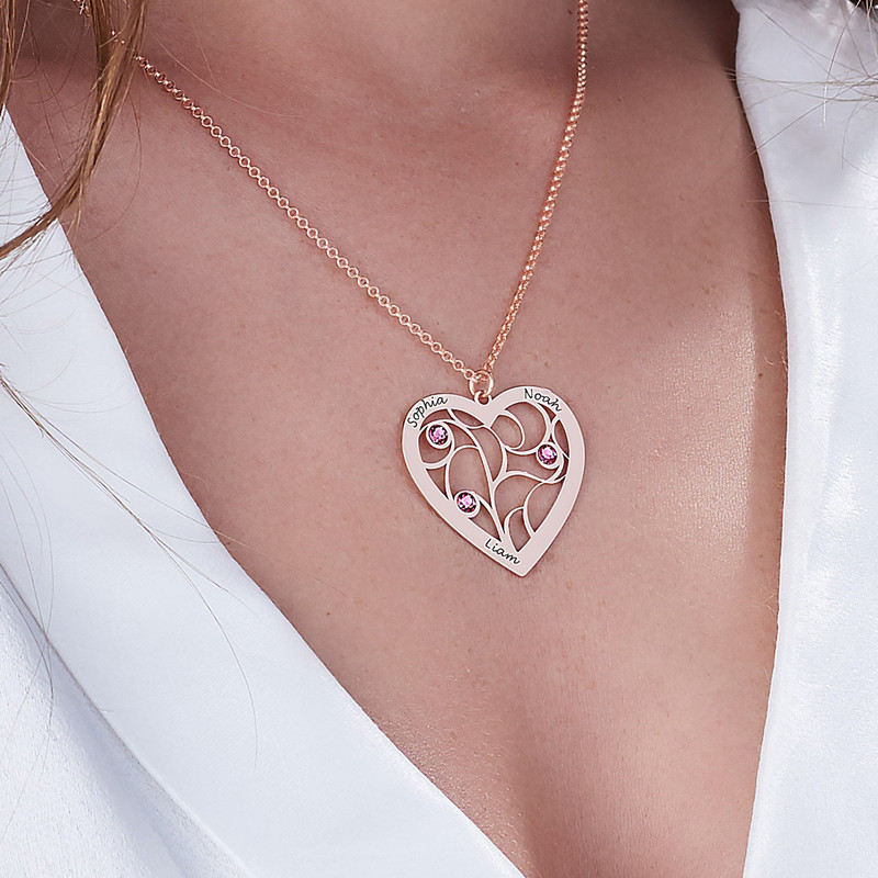 Engraved Heart Family Tree Necklace in Rose Gold Plating - 3