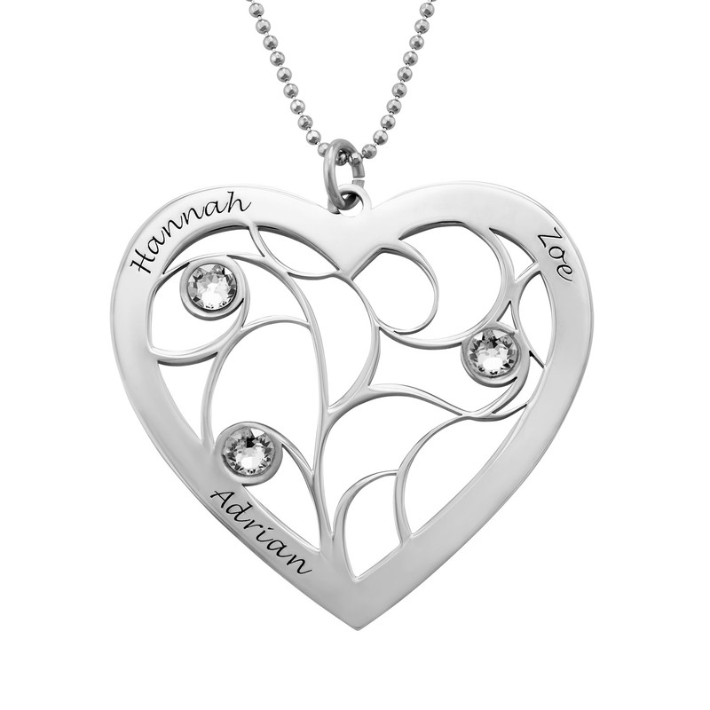 Engraved Heart Family Tree Necklace in White Gold 10k