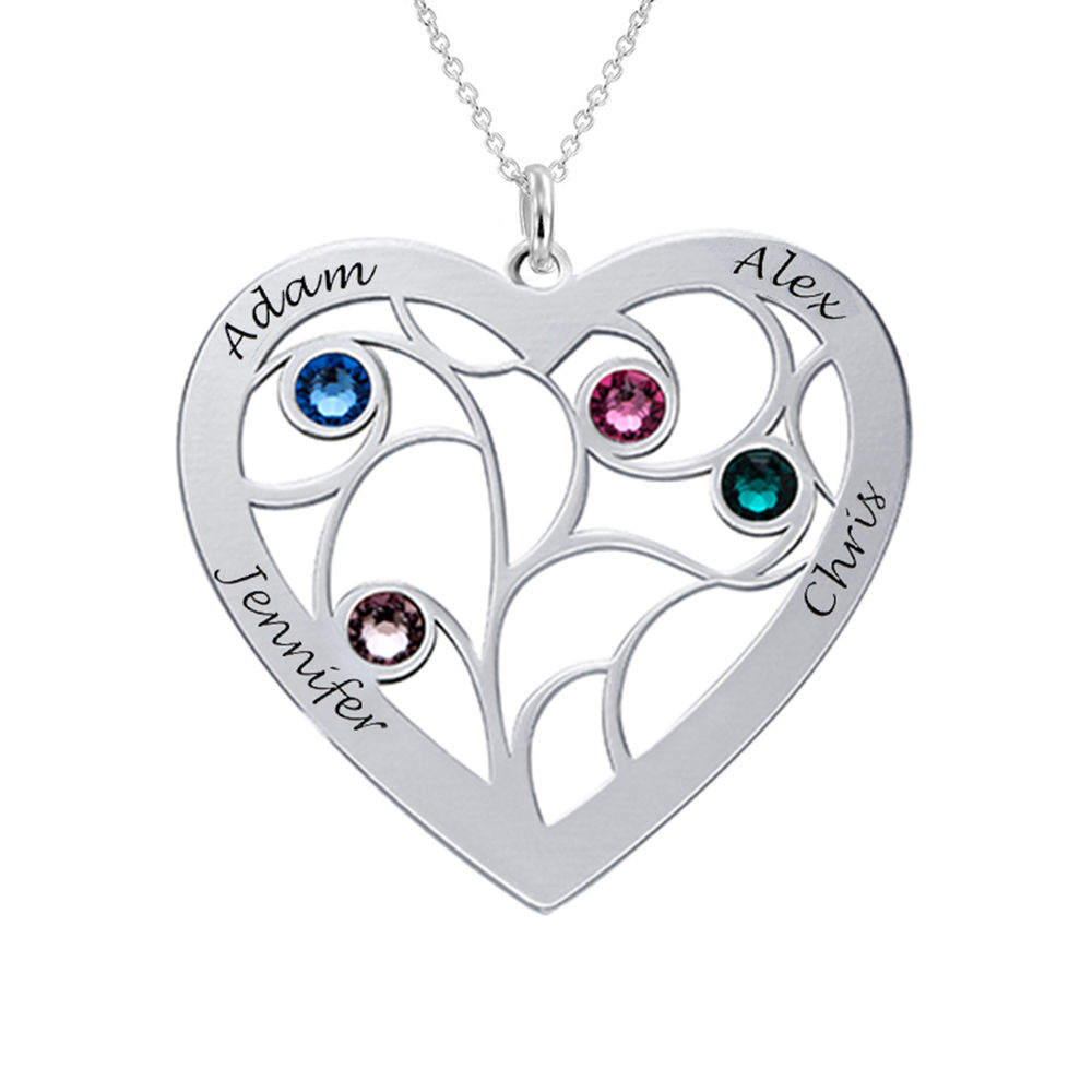 Engraved Heart Family Tree Necklace with Birthstones in Premium Silver