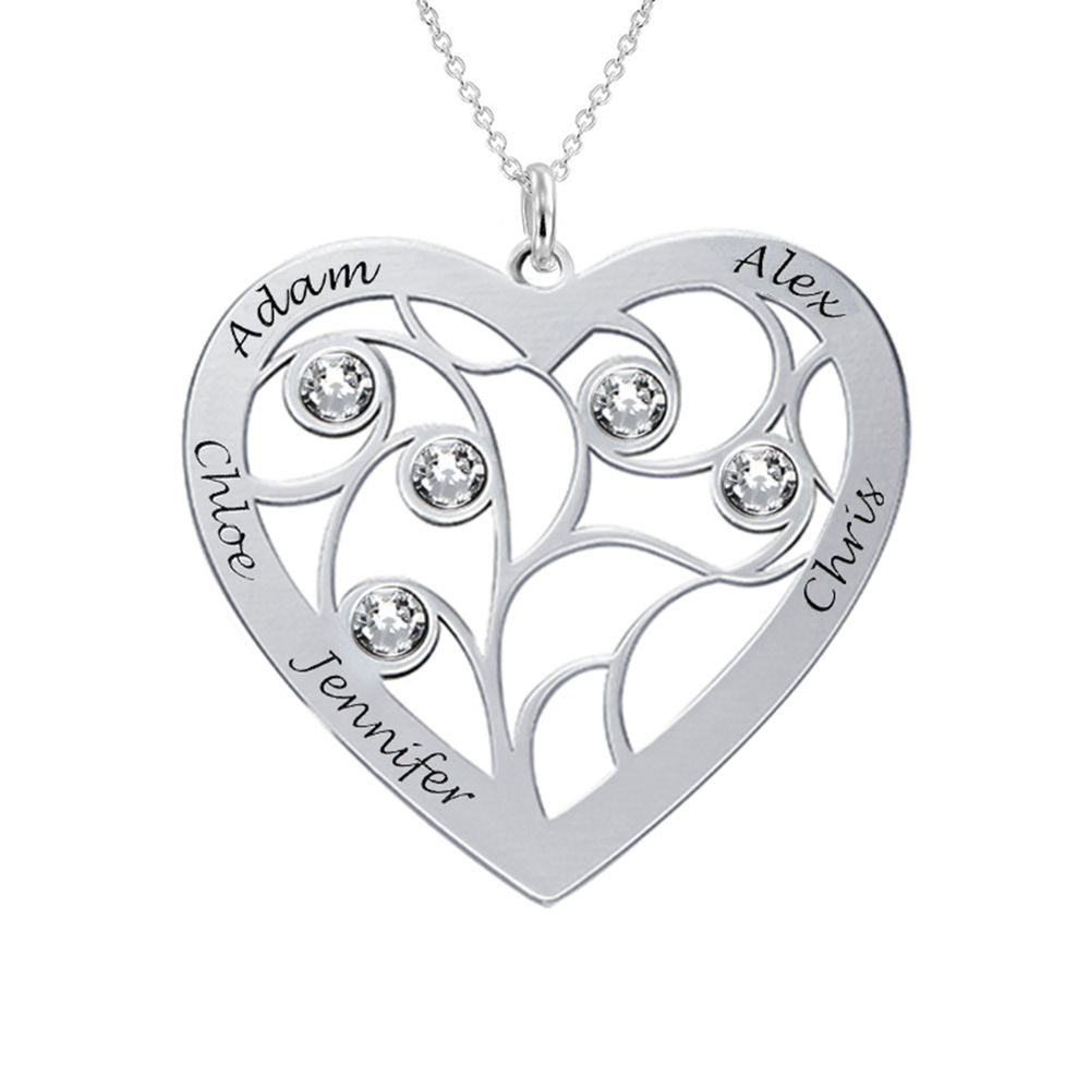 Engraved Heart Family Tree Necklace with Birthstones in Premium Silver - 1