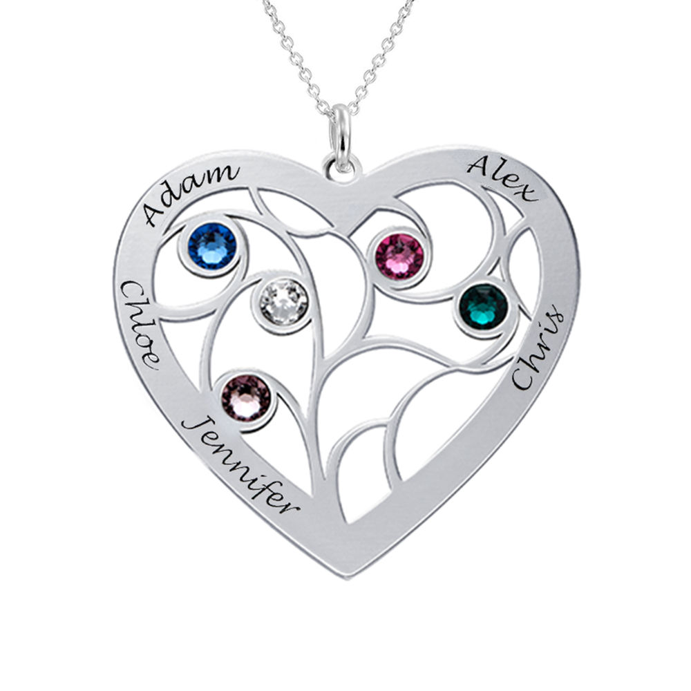 Engraved Heart Family Tree Necklace with Birthstones in Premium Silver - 2
