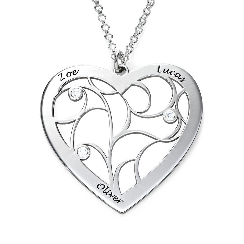 Engraved Heart Family Tree Necklace in Sterling Silver with Diamonds