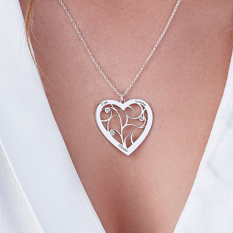 Engraved Heart Family Tree Necklace in Sterling Silver with Diamonds - 2