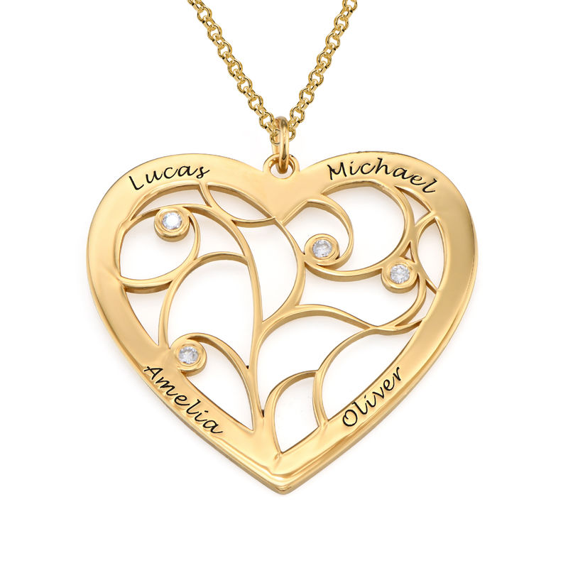 Engraved Heart Family Tree Necklace in Gold Plating  with Diamonds