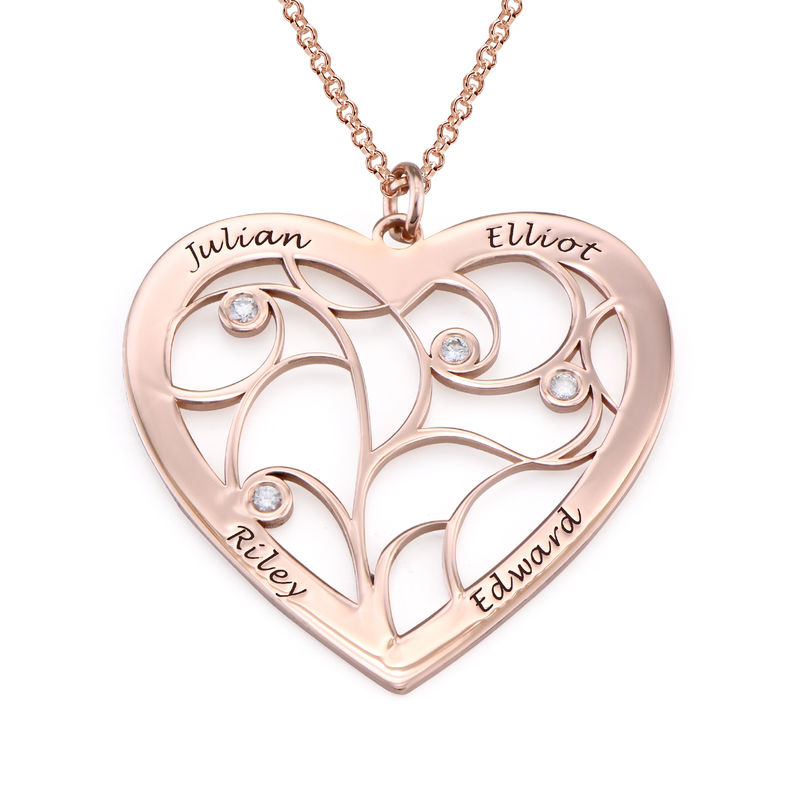 Engraved Heart Family Tree Necklace in Rose Gold Plating  with Diamonds