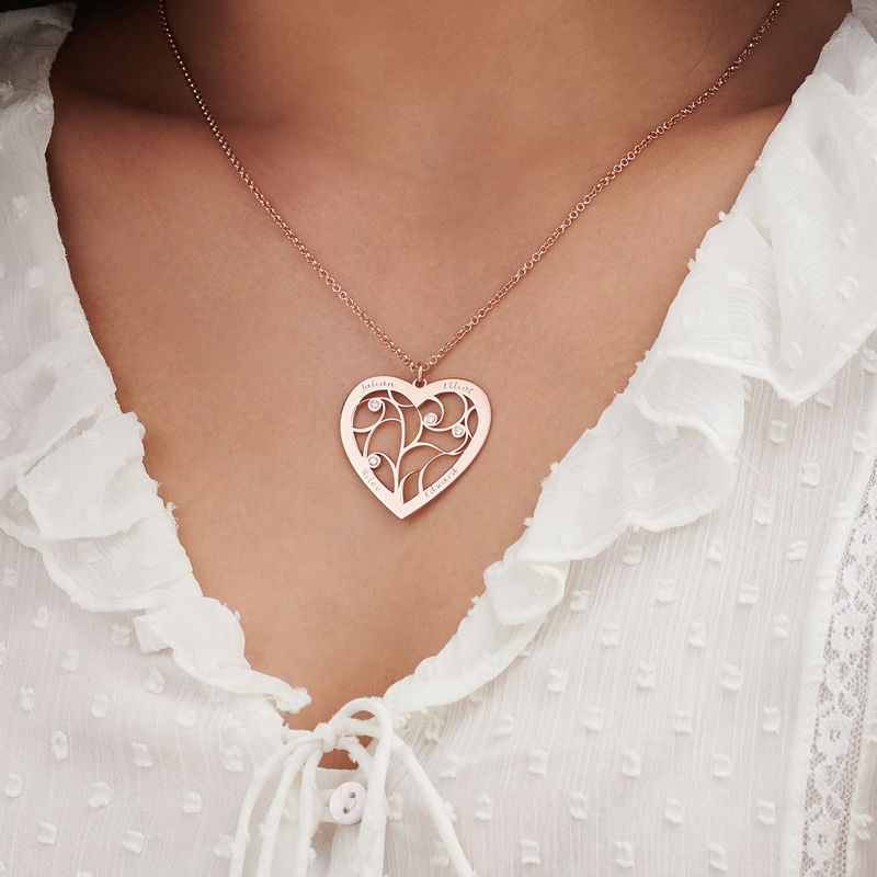 Engraved Heart Family Tree Necklace in Rose Gold Plating  with Diamonds - 2