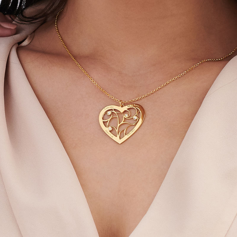 Engraved Heart Family Tree Necklace in Gold Vermeil with Diamonds - 2 product photo