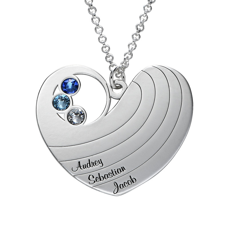 Mom Engraved Heart Shaped Sterling Silver Necklace with Birthstones