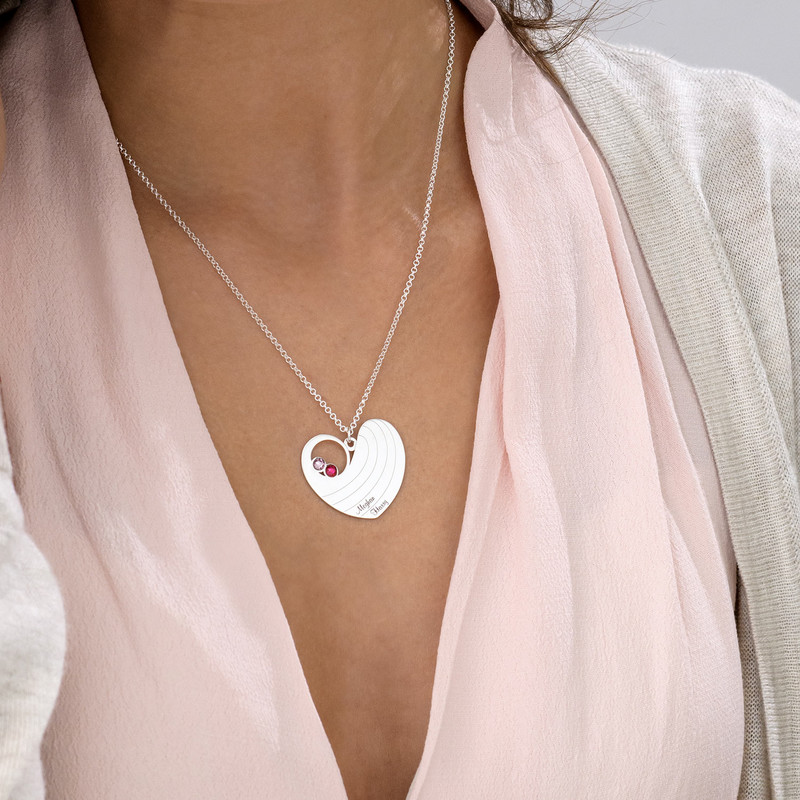 Mom Engraved Heart Shaped Sterling Silver Necklace with Birthstones - 2 product photo