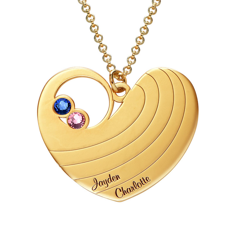 Mom Engraved Heart Shaped Gold Plated Necklace with Birthstones