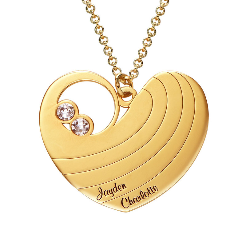 Mom Engraved Heart Shaped Gold Plated Necklace with Birthstones - 1 product photo