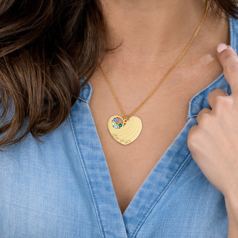 Mom Engraved Heart Shaped Gold Plated Necklace with Birthstones - 3 product photo