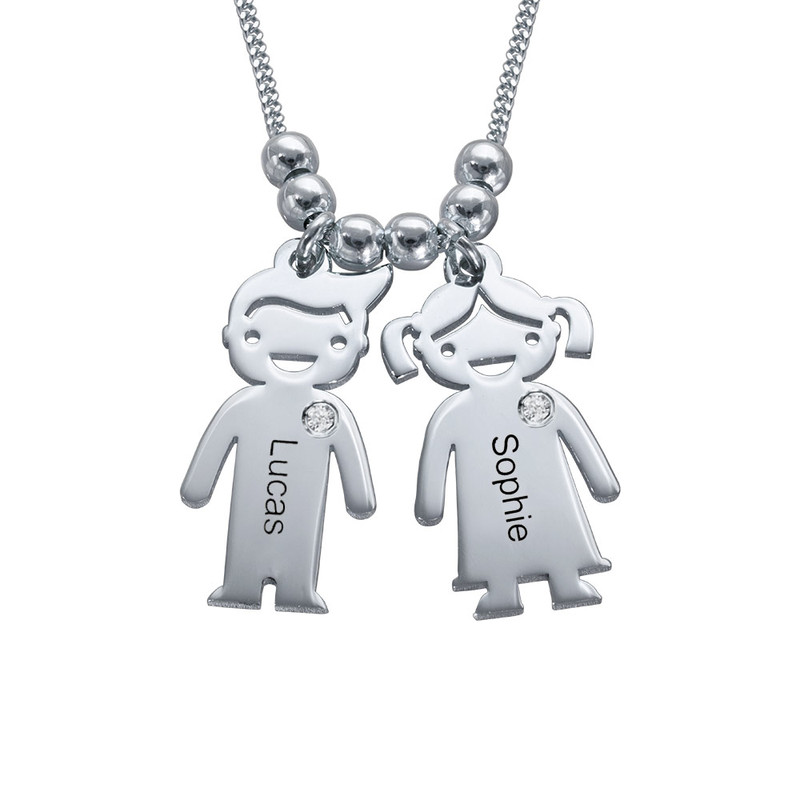 Personalized Mom Necklace with Kid Charms with Diamond in Sterling Silver