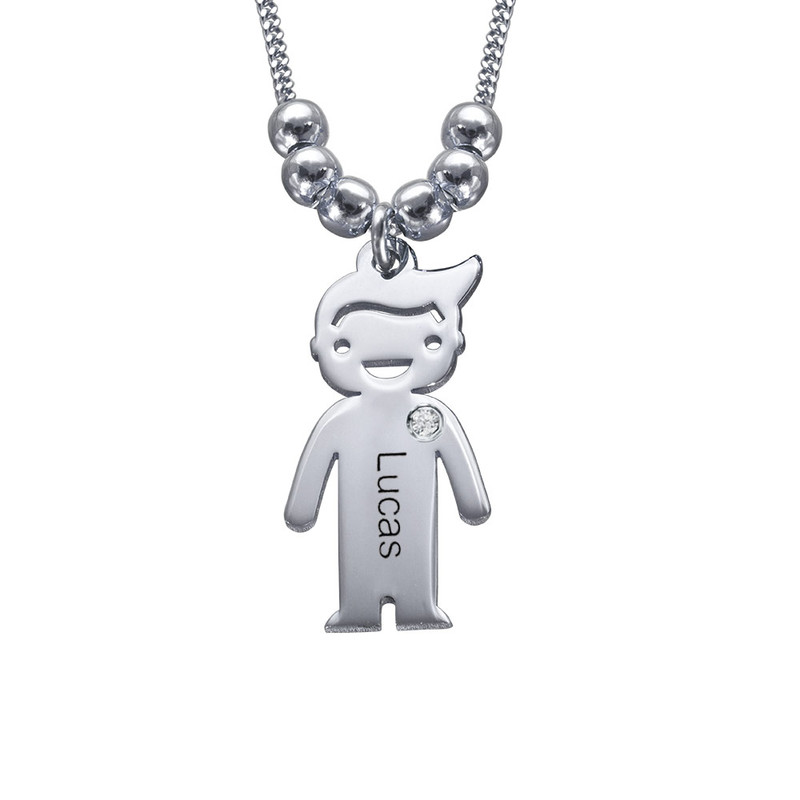 Personalized Mom Necklace with Kid Charms with Diamond in Sterling Silver - 1