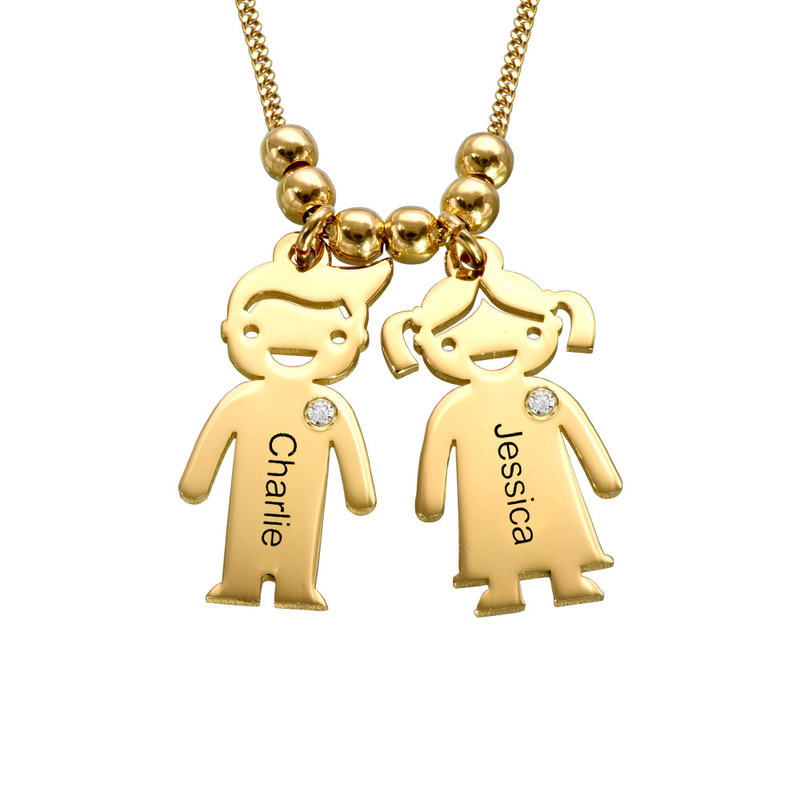 Personalized Mom Necklace with Kid Charms with Diamond  in Gold Plating