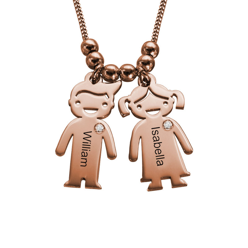 Personalized Mom Necklace with Kid Charms with Diamond in Rose Gold Plating