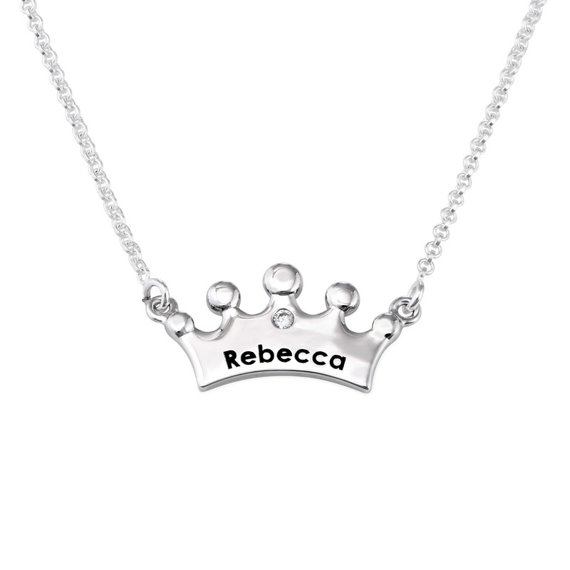 Engraved Silver Crown Necklace with Cubic Zirconia for Girls