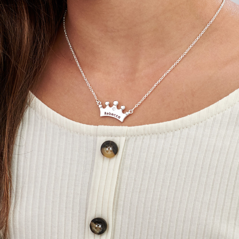 Engraved Silver Crown Necklace with Cubic Zirconia for Girls - 2