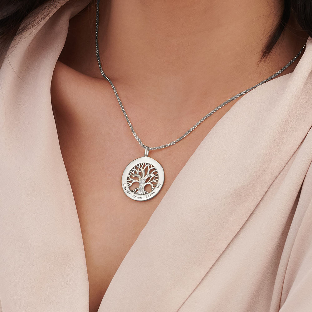 Family Tree Circle Necklace with Cubic Zirconia - Sterling Silver - 3 product photo
