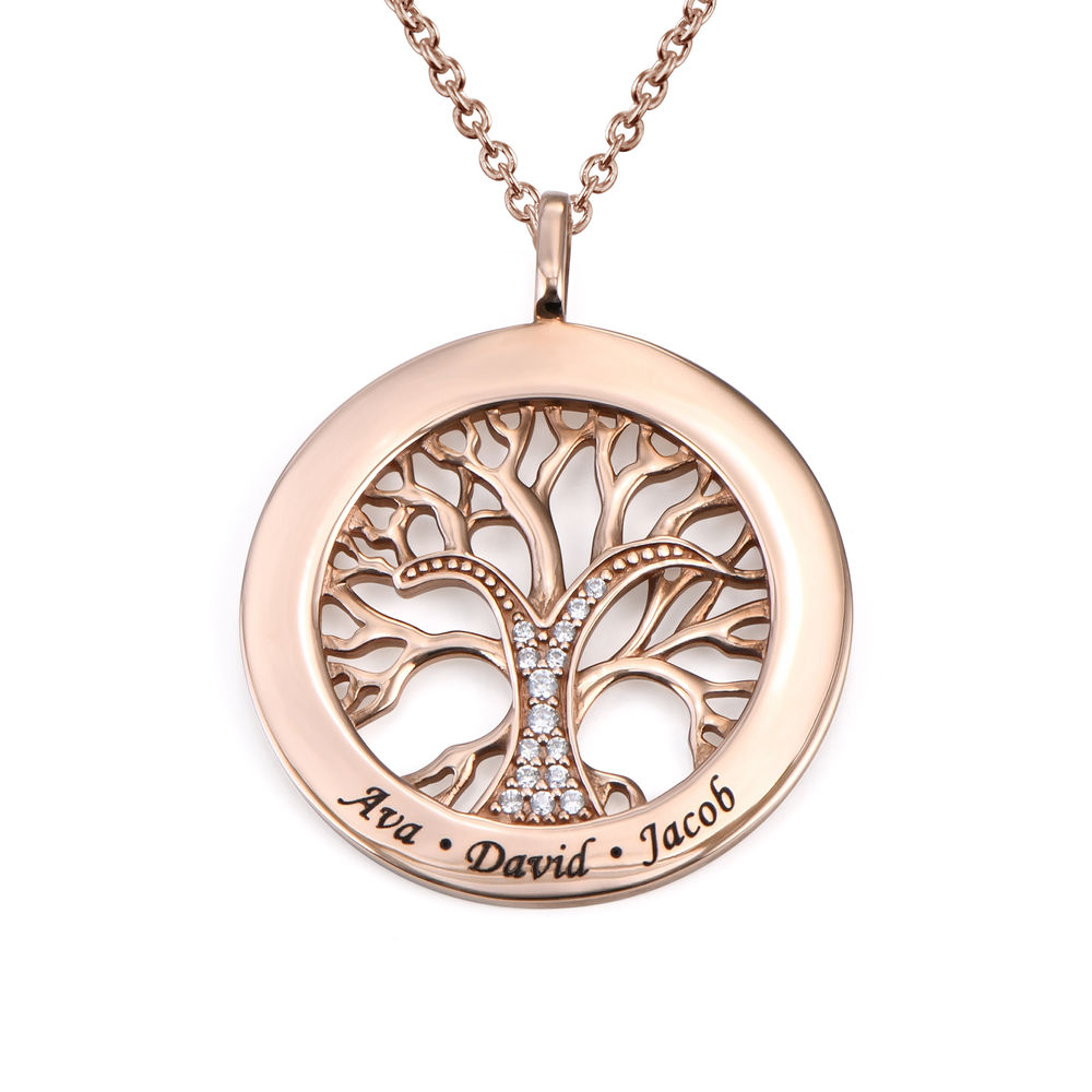 Family Tree Circle Necklace with Cubic Zirconia - Rose Gold Plating