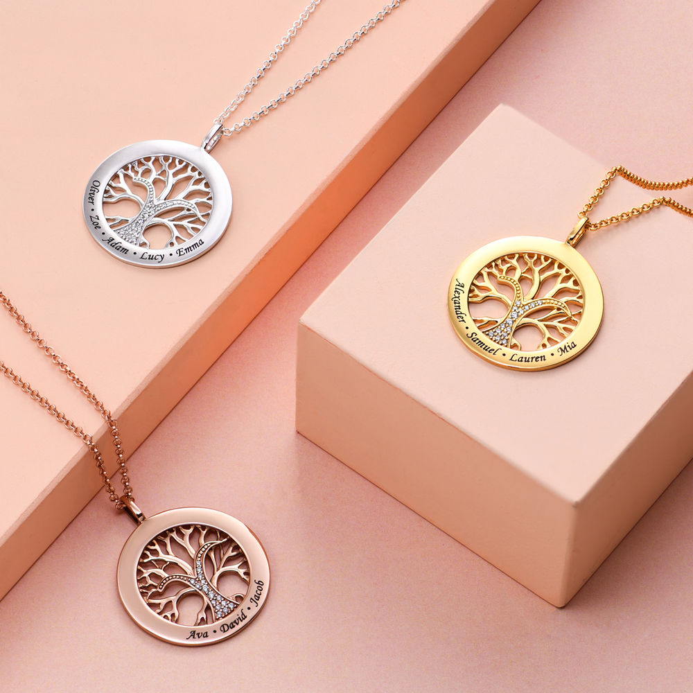Family Tree Circle Necklace with Cubic Zirconia - Rose Gold Plating - 1 product photo