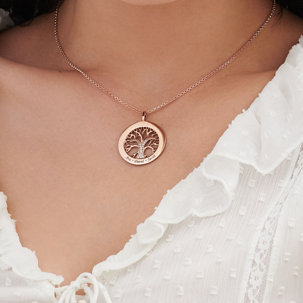 Family Tree Circle Necklace with Cubic Zirconia - Rose Gold Plating - 3