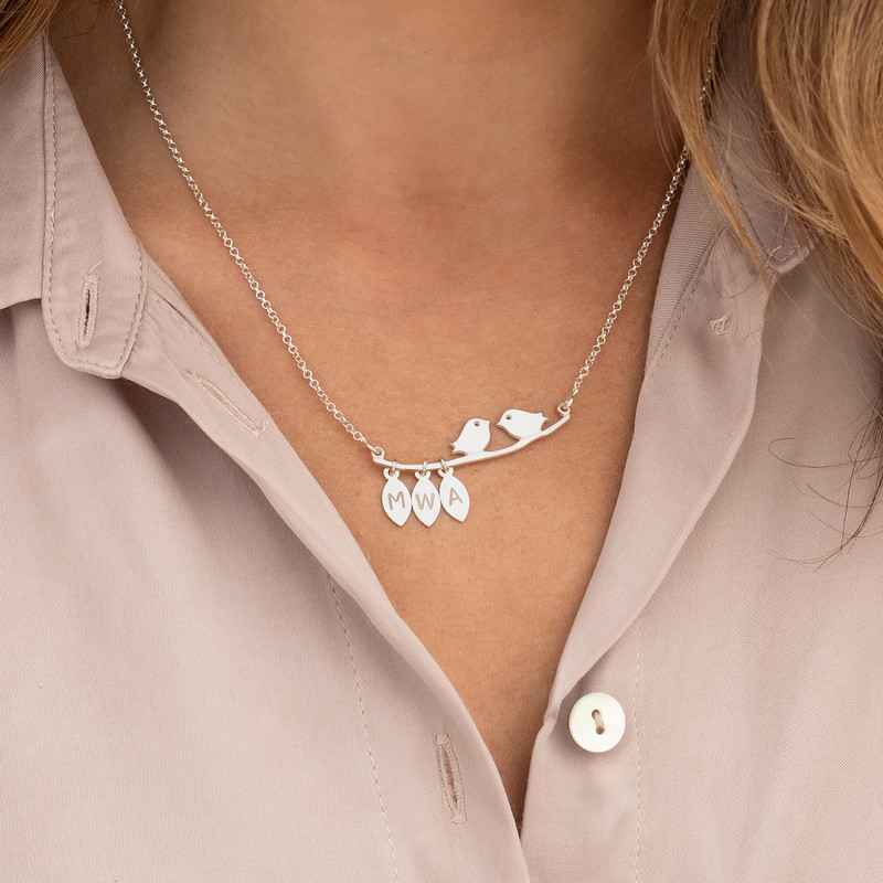 Initials Love Birds Necklace in Sterling Silver - 2