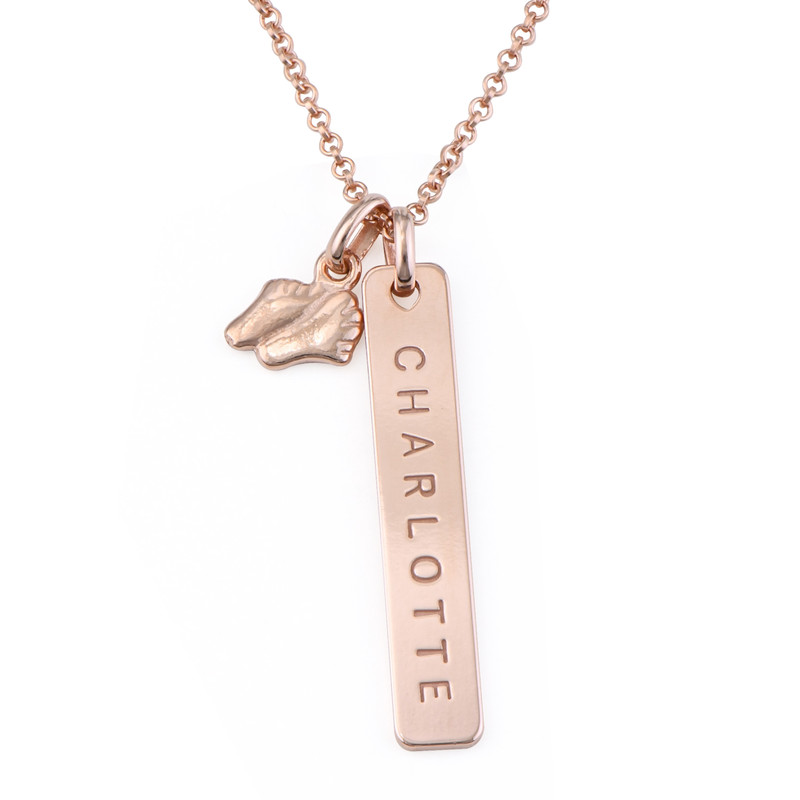 Bar Necklace with Baby Feet Pendant in Rose Gold Plating