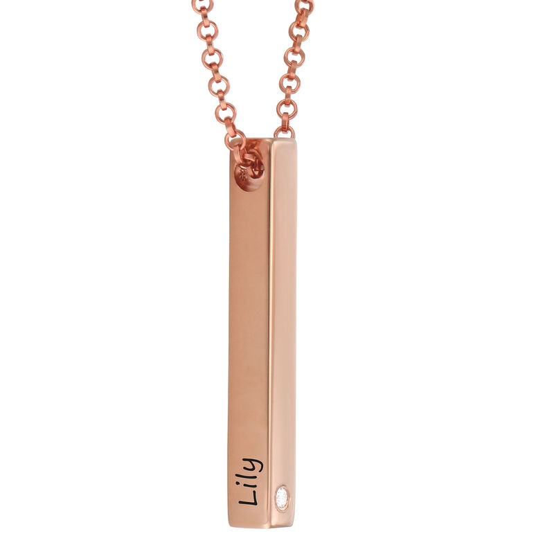 4 Sided Personalized Vertical Bar Necklace In 18k Rose Gold Plated with Diamond