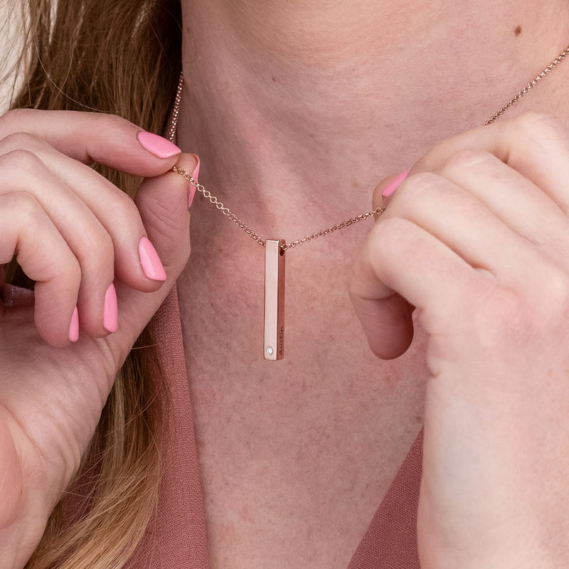 4 Sided Personalized Vertical Bar Necklace In 18k Rose Gold Plated with Diamond - 3 product photo