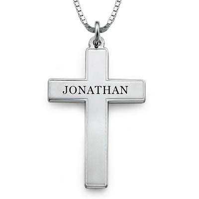 Engraved Cross Pendant  Necklace in Sterling Silver for Men