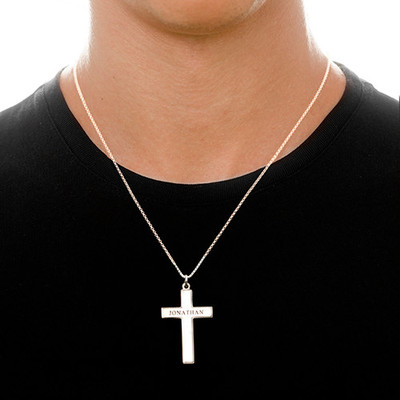 Engraved Cross Pendant  Necklace in Sterling Silver for Men - 1