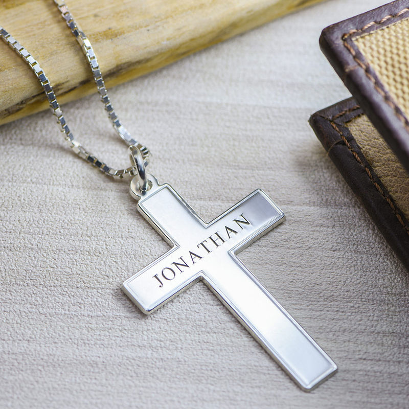 Engraved Cross Pendant  Necklace in Sterling Silver for Men - 2