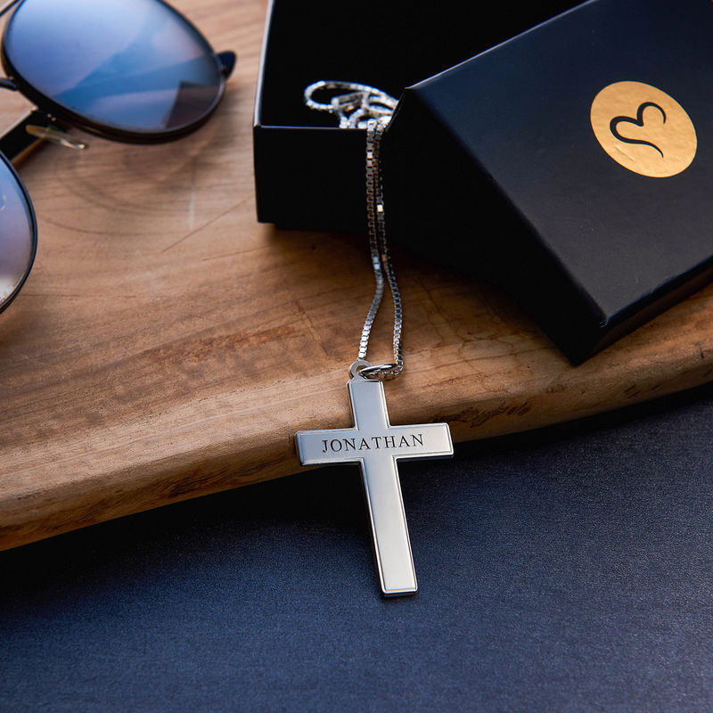 Engraved Cross Pendant  Necklace in Sterling Silver for Men - 3