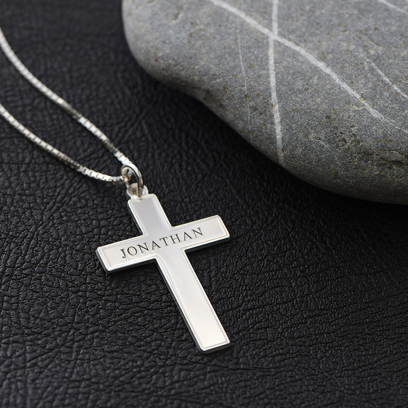 Engraved Cross Pendant  Necklace in Sterling Silver for Men - 4