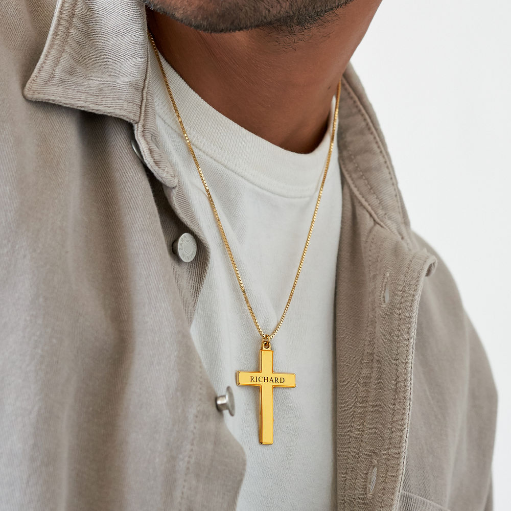 Engraved Cross Pendant  Necklace in 18k Gold for Men  - 3 product photo