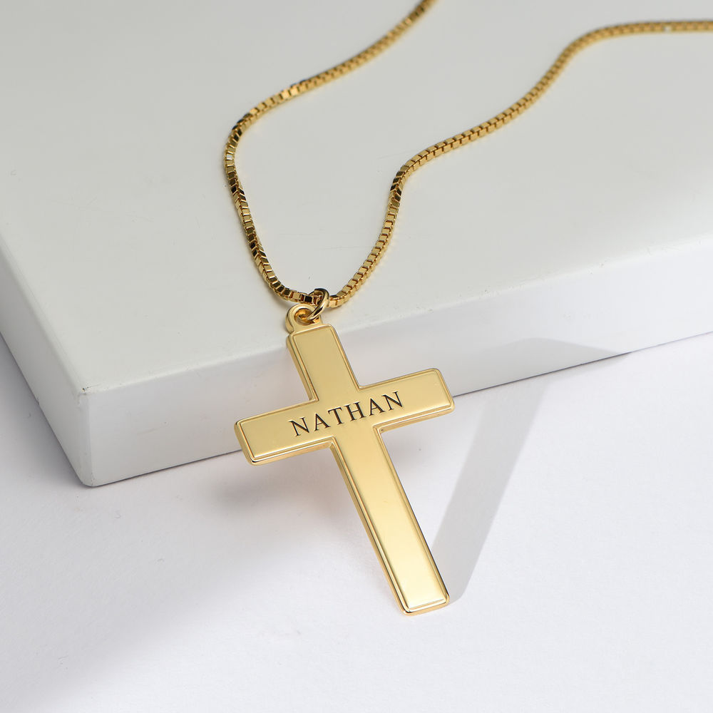 Engraved Cross Pendant  Necklace in 18k Gold Vermeil for Men  - 1