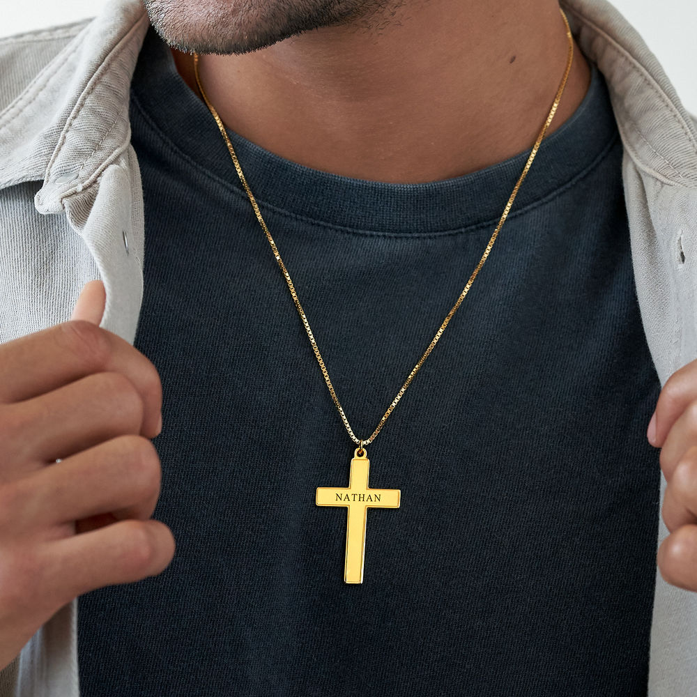 Engraved Cross Pendant  Necklace in 18k Gold Vermeil for Men  - 3 product photo
