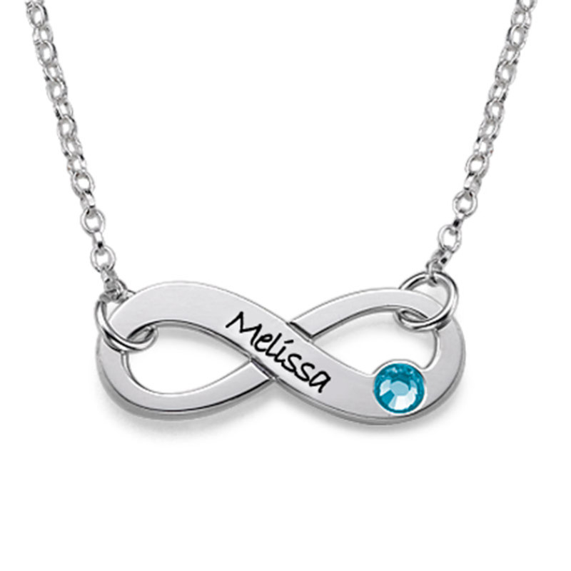 Engraved Infinity Necklace with Birthstone in Silver