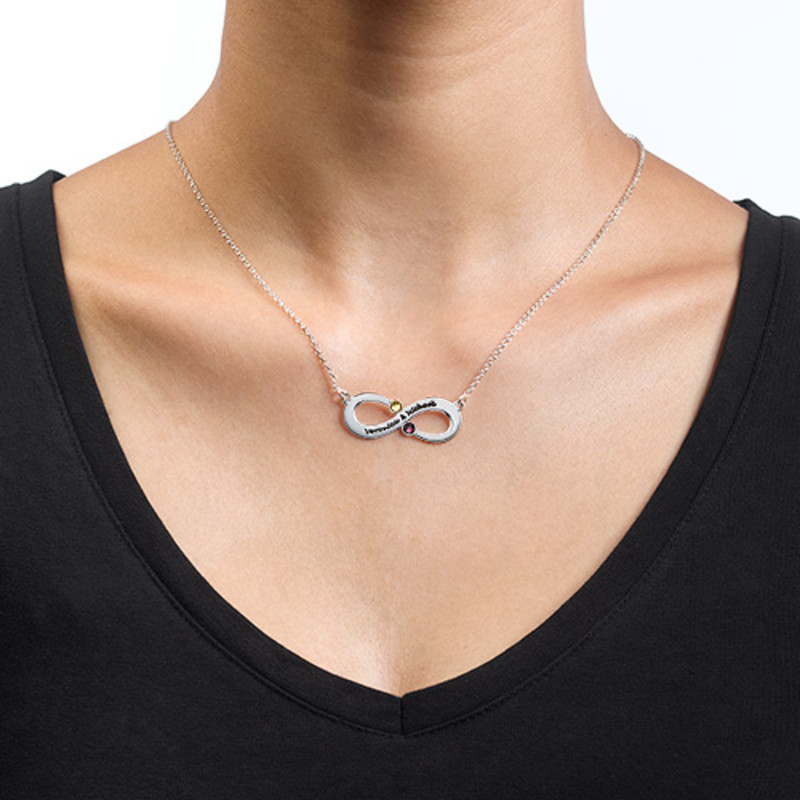 Engraved Infinity Necklace with Birthstones - 1