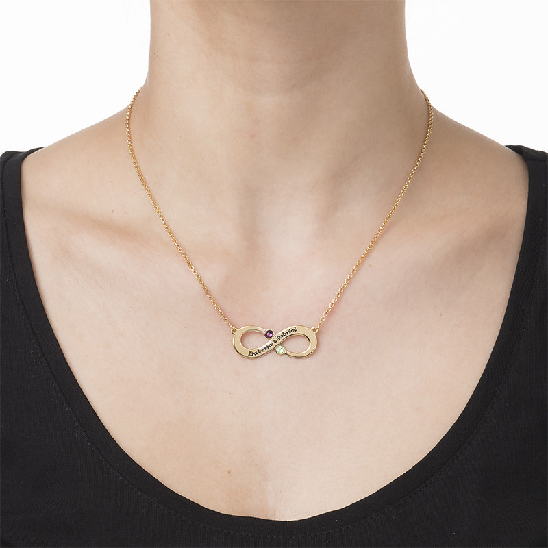 Gold Plated Engraved Infinity Necklace with Birthstones - 1