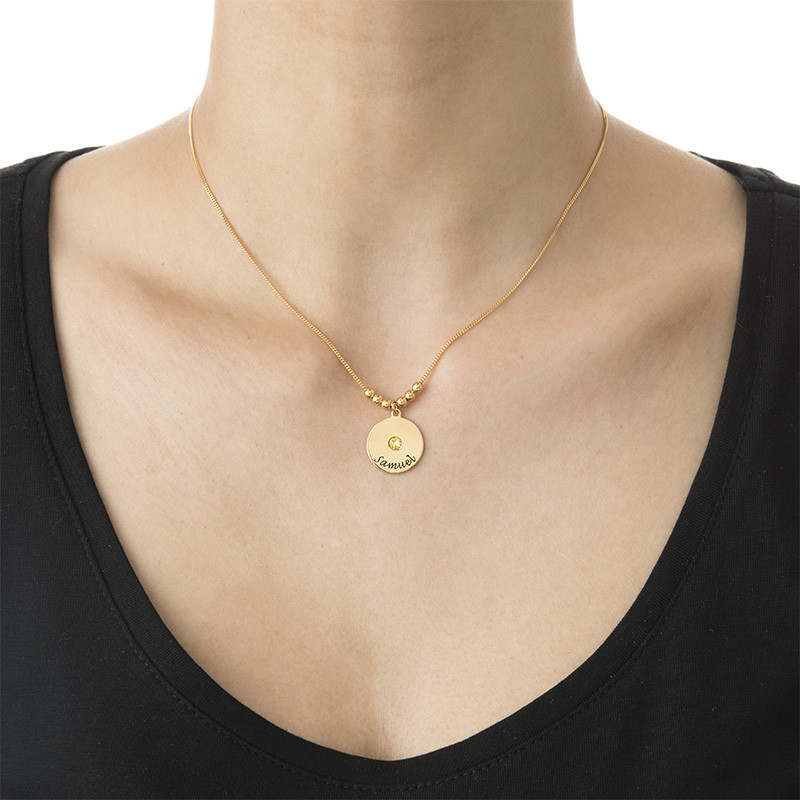 Gold Plated Engraved Discs Necklace with Birthstones - 2
