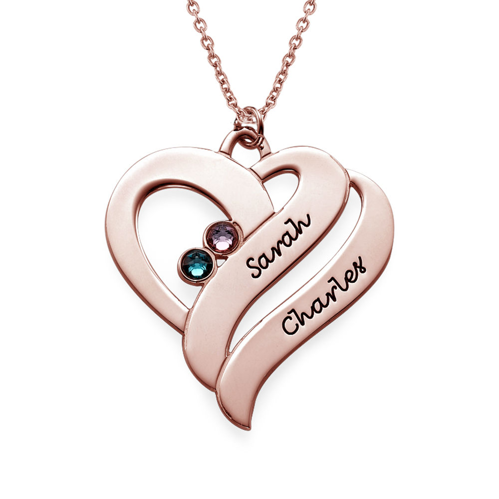 Intertwined Hearts Pendant Necklace with Birthstones in Rose Gold Plating