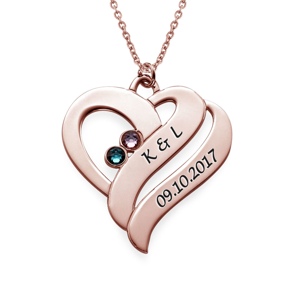 Intertwined Hearts Pendant Necklace with Birthstones in Rose Gold Plating - 1