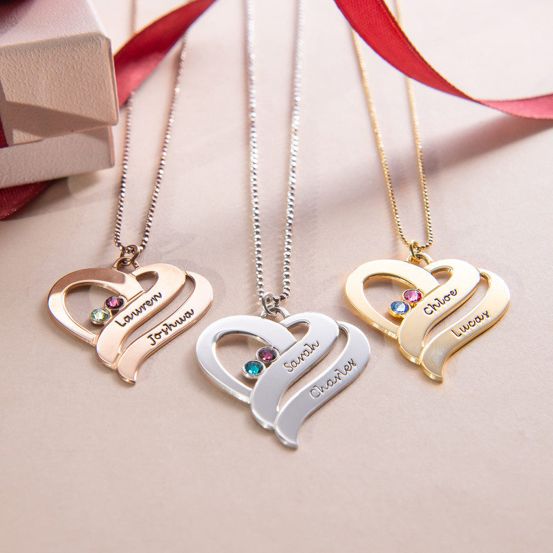 Intertwined Hearts Pendant Necklace with Birthstones in Rose Gold Plating - 2