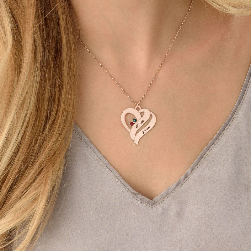 Intertwined Hearts Pendant Necklace with Birthstones in Rose Gold Plating - 4